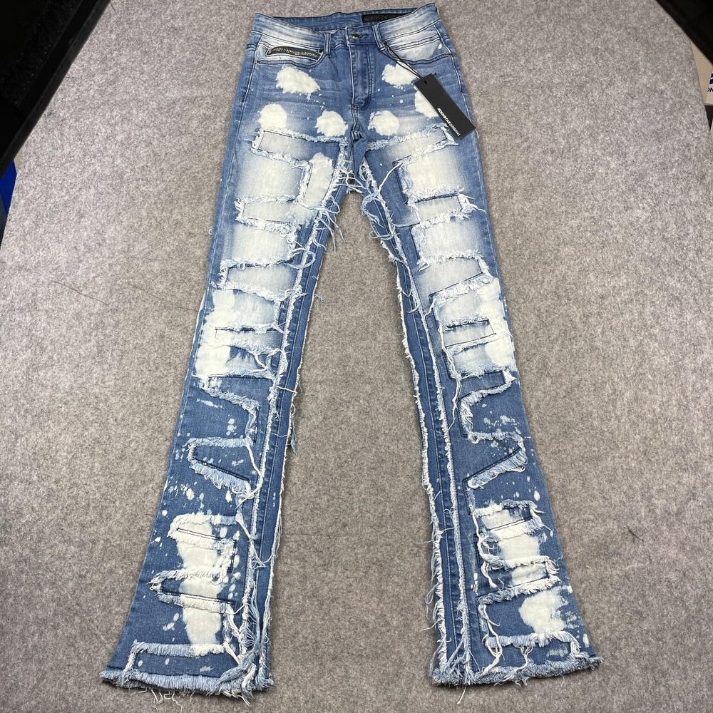 Rockstar Jeans Mens 30x34 Blue RSM205 Flare Denim Bleach‎ Patch Raw Grunge NEW